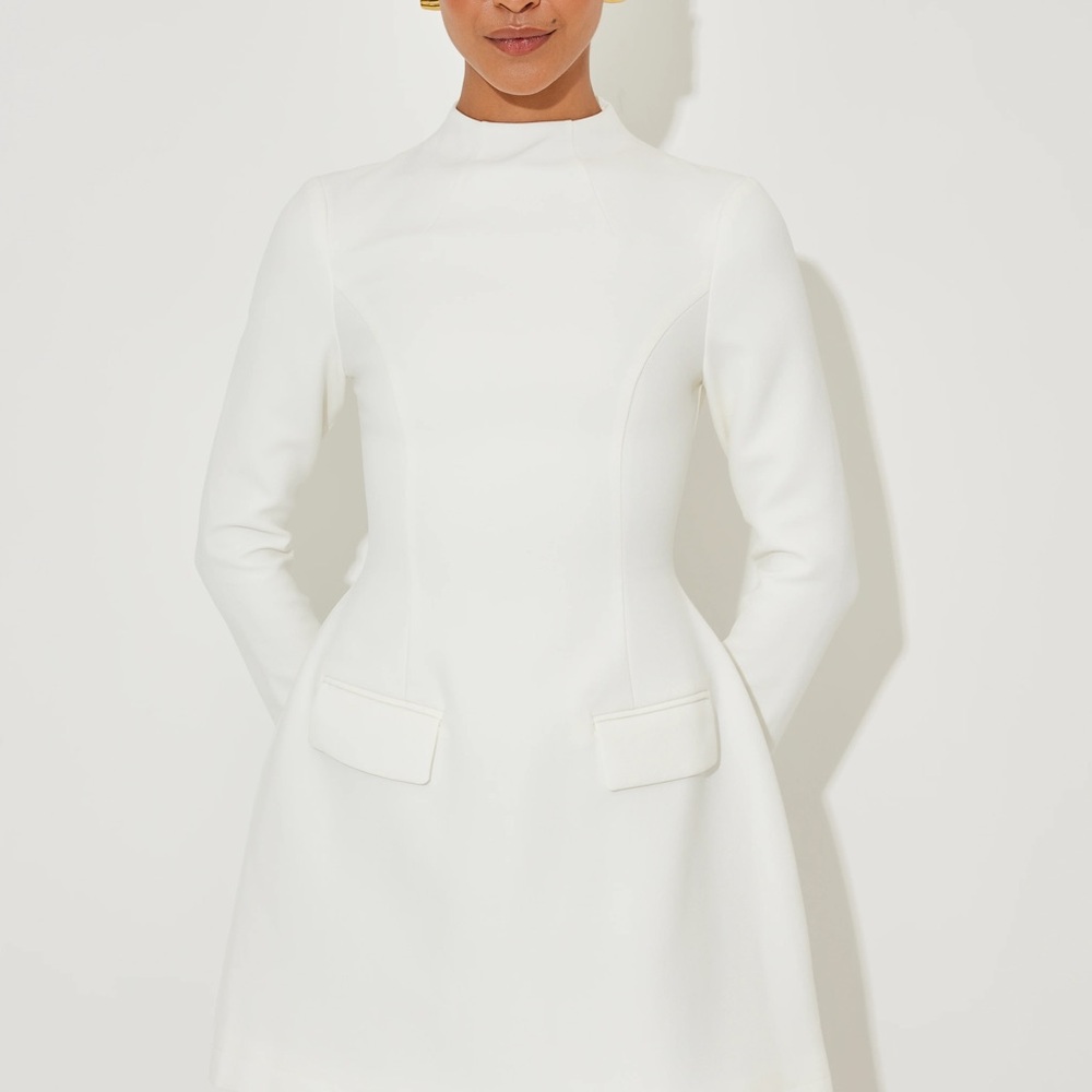 Women's Long Sleeve White Fit-and-Flare Dress
